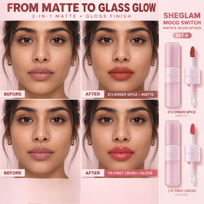 SHEGLAM Mood Switch Matte & Gloss Lip Duo – 3 Ways to Wear – Velvet Matte & Glass Glow Finish – 2-in-1 Customizable Lip Sets