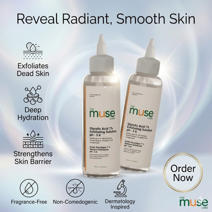 Muse Labs 7% Glycolic Acid Toner | Exfoliating Solution with 5D Hyaluronic Acid & Peptides | Smooth, Bright & Hydrated Skin