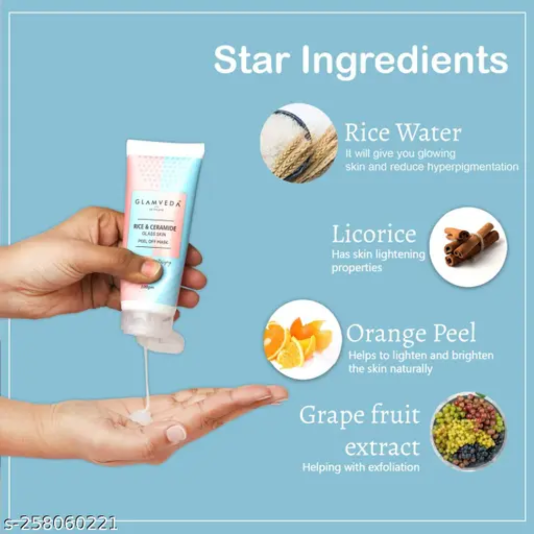 Glamveda Rice & Ceramide Glass Skin Peel-Off Mask – Brightening & Barrier Repair Mask