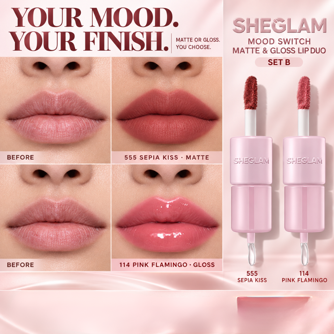 SHEGLAM Mood Switch Matte & Gloss Lip Duo – 3 Ways to Wear – Velvet Matte & Glass Glow Finish – 2-in-1 Customizable Lip Sets