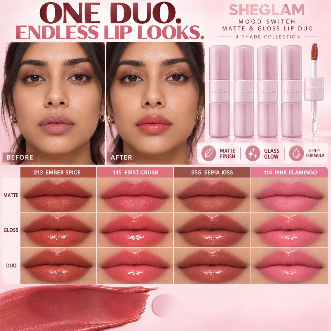SHEGLAM Mood Switch Matte & Gloss Lip Duo – 3 Ways to Wear – Velvet Matte & Glass Glow Finish – 2-in-1 Customizable Lip Sets