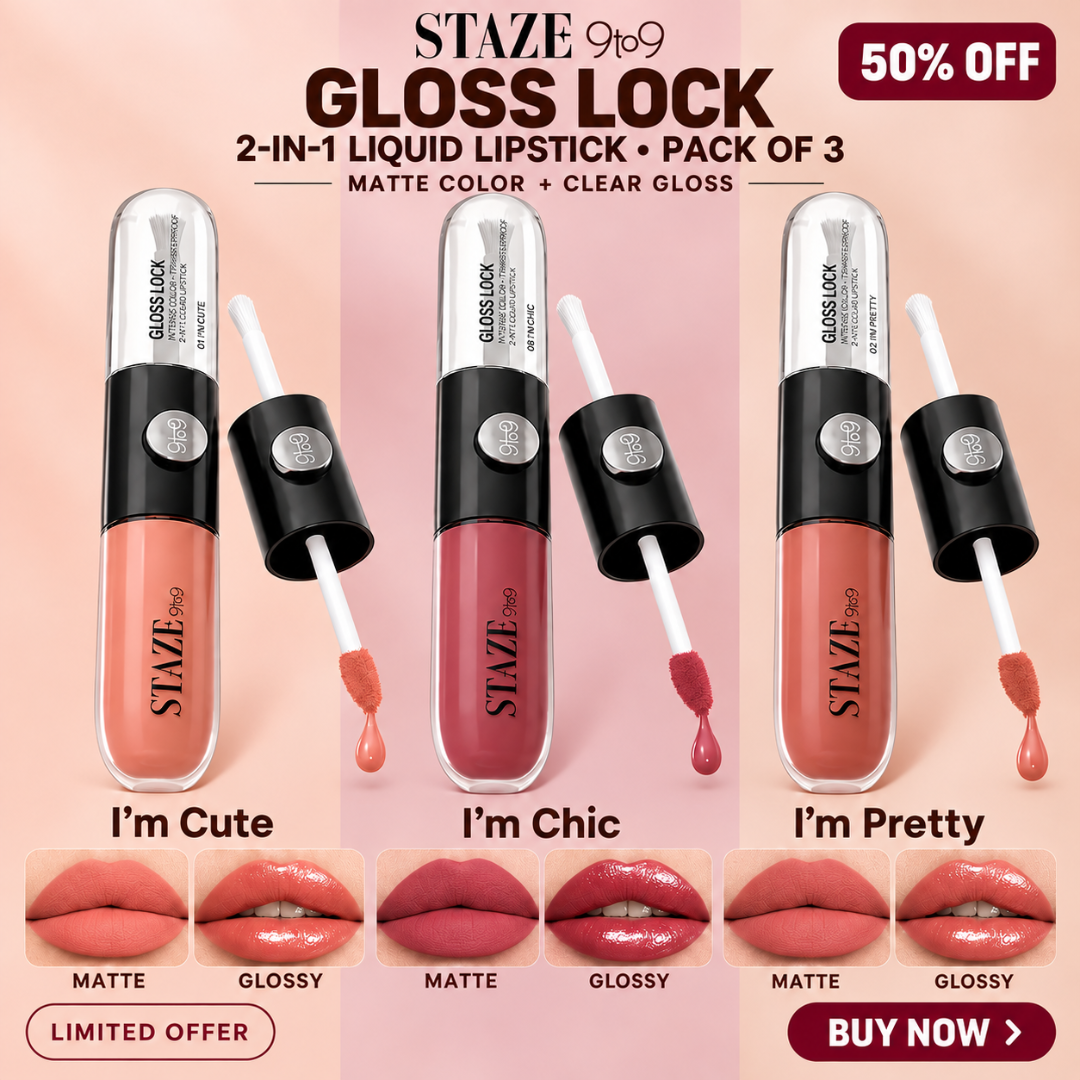 STAZE 9to9 Gloss Lock 2-in-1 Liquid Lipstick – Matte Color & Clear Gloss Duo – Long-Lasting & Transfer-Proof