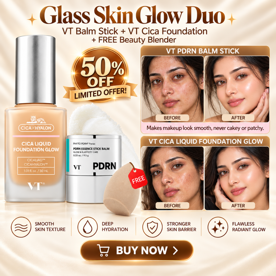 VT Glass Skin Glow Duo – PDRN Balm Stick & Cica Foundation + FREE Beauty Blender – Flawless Radiant Coverage