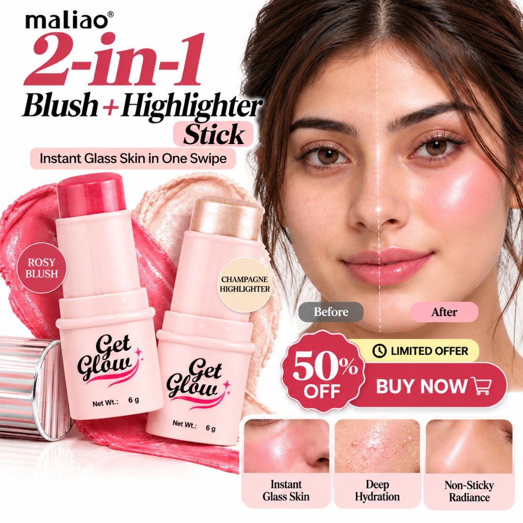 Maliao 2-in-1 Blush + Highlighter Stick – Instant Glass Skin Glow, Hydrating Multi-Use Formula for Cheeks, Lips & Eyes, Non-Sticky Radiance