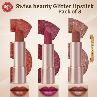 Swiss Beauty Glitter Lipstick Pack of 3 | Nourishing Vitamin C Formula, Long-Lasting Shimmer & Glittery Finish