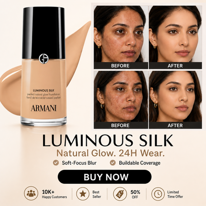 Armani Luminous Silk Perfect Natural Glow Foundation  – Natural Glow, 24H Wear – Soft-Focus Blur, Buildable Coverage
