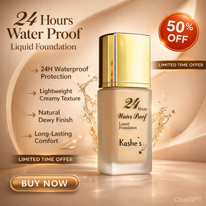 Kashe's 24 Hours Waterproof Liquid Foundation | Dewy Radiant Glow, Smooth Full Coverage, Lightweight Creamy Texture | 24H Waterproof Protection