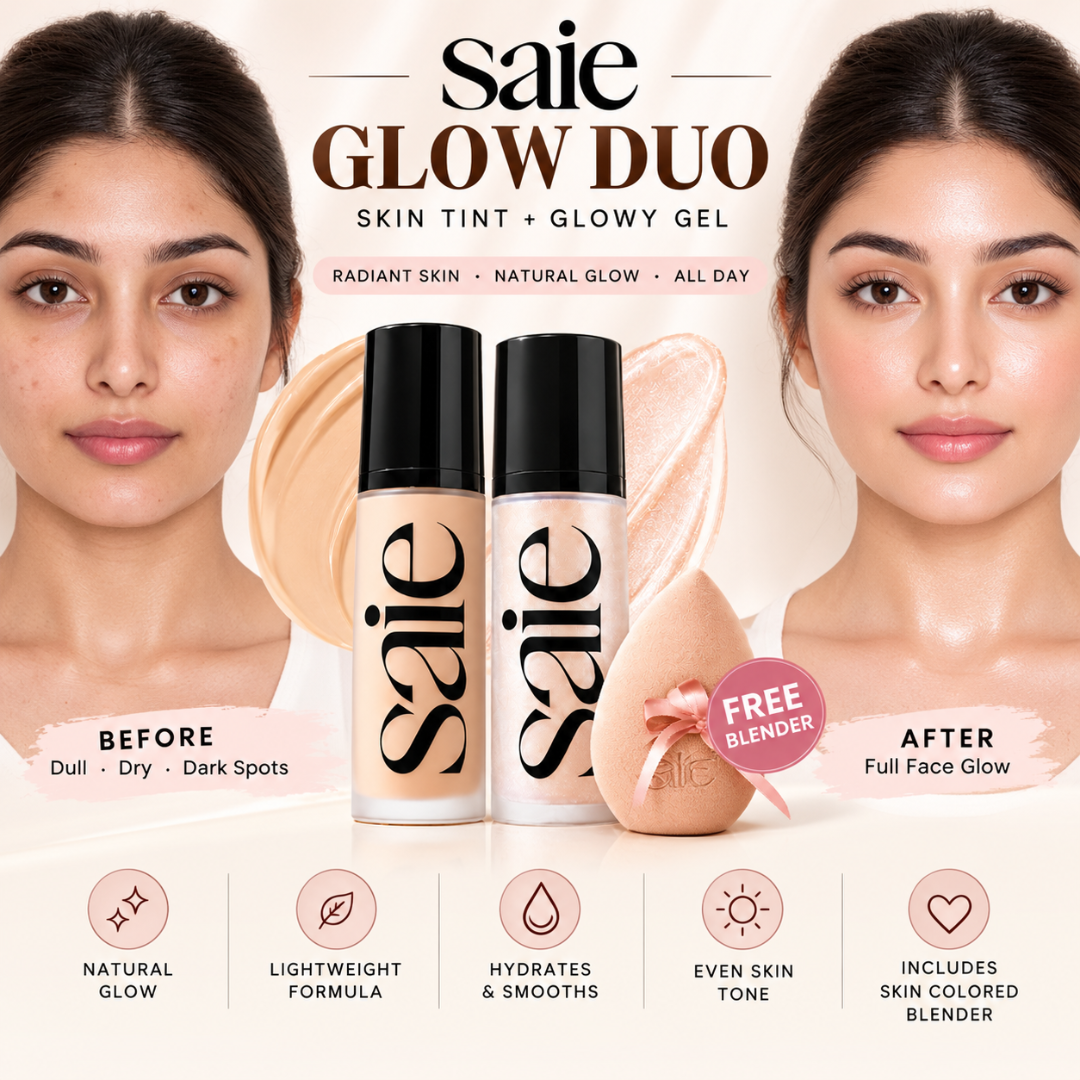 Saie Glow Duo: Skin Tint + Glowy Super Gel – Buy 1 Get 1 FREE + FREE Beauty Blender – Dewy Hydrating Luminous Base Set