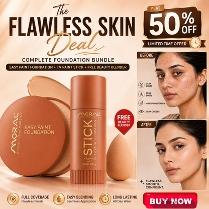 Moral Professional Makeup Complete Foundation Bundle – Easy Paint Foundation + TV Paint Stick + FREE Beauty Blender – Full Coverage, Smooth Finish & Long Wear