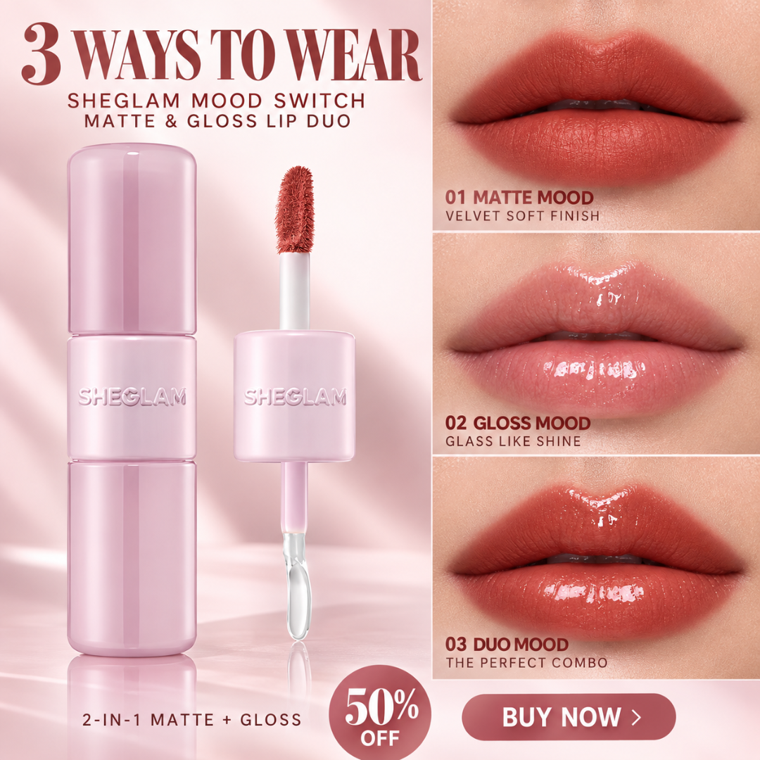 SHEGLAM Mood Switch Matte & Gloss Lip Duo – 3 Ways to Wear – Velvet Matte & Glass Glow Finish – 2-in-1 Customizable Lip Sets