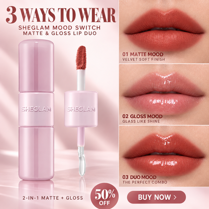 SHEGLAM Mood Switch Matte & Gloss Lip Duo – 3 Ways to Wear – Velvet Matte & Glass Glow Finish – 2-in-1 Customizable Lip Sets