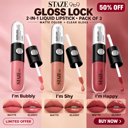 STAZE 9to9 Gloss Lock 2-in-1 Liquid Lipstick – Matte Color & Clear Gloss Duo – Long-Lasting & Transfer-Proof