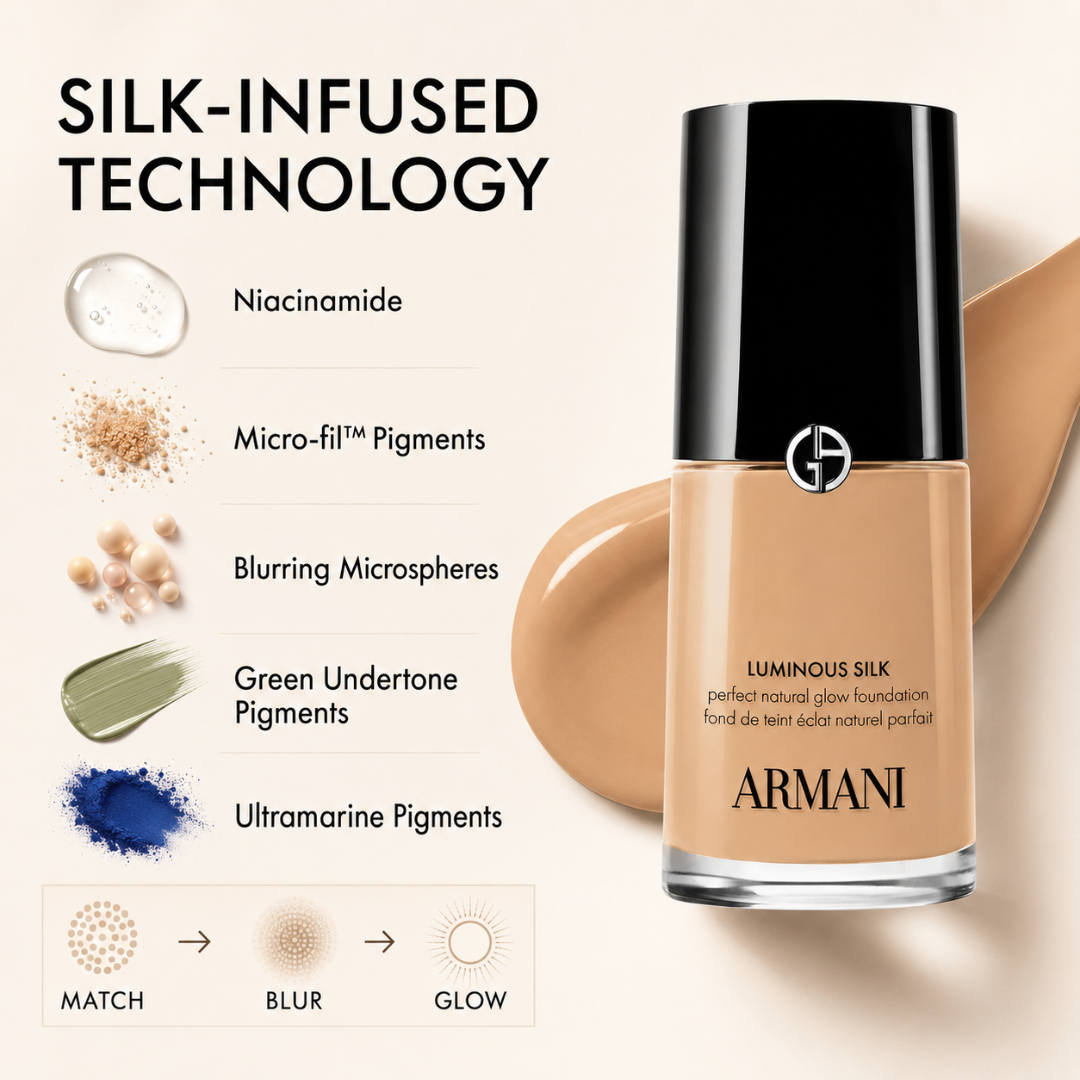 Armani Luminous Silk Perfect Natural Glow Foundation  – Natural Glow, 24H Wear – Soft-Focus Blur, Buildable Coverage