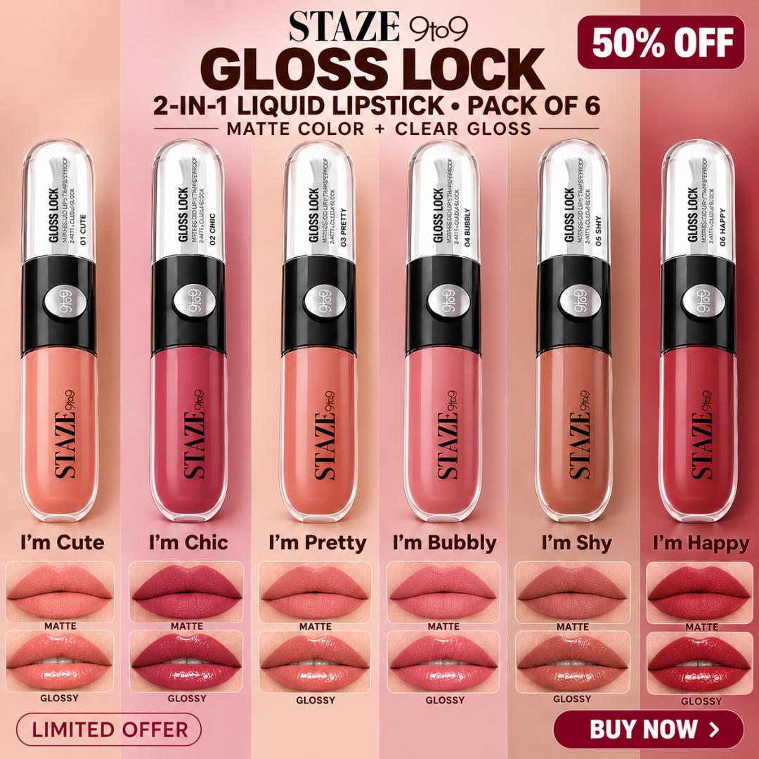 STAZE 9to9 Gloss Lock 2-in-1 Liquid Lipstick – Matte Color & Clear Gloss Duo – Long-Lasting & Transfer-Proof