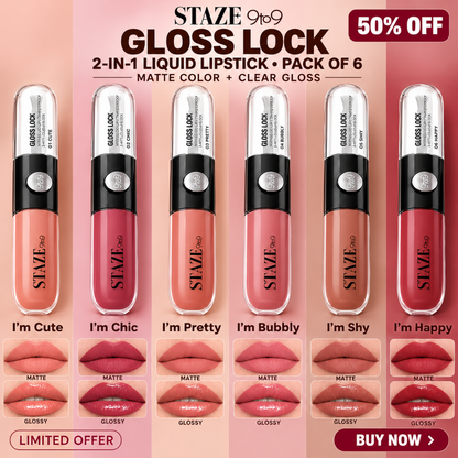 STAZE 9to9 Gloss Lock 2-in-1 Liquid Lipstick – Matte Color & Clear Gloss Duo – Long-Lasting & Transfer-Proof