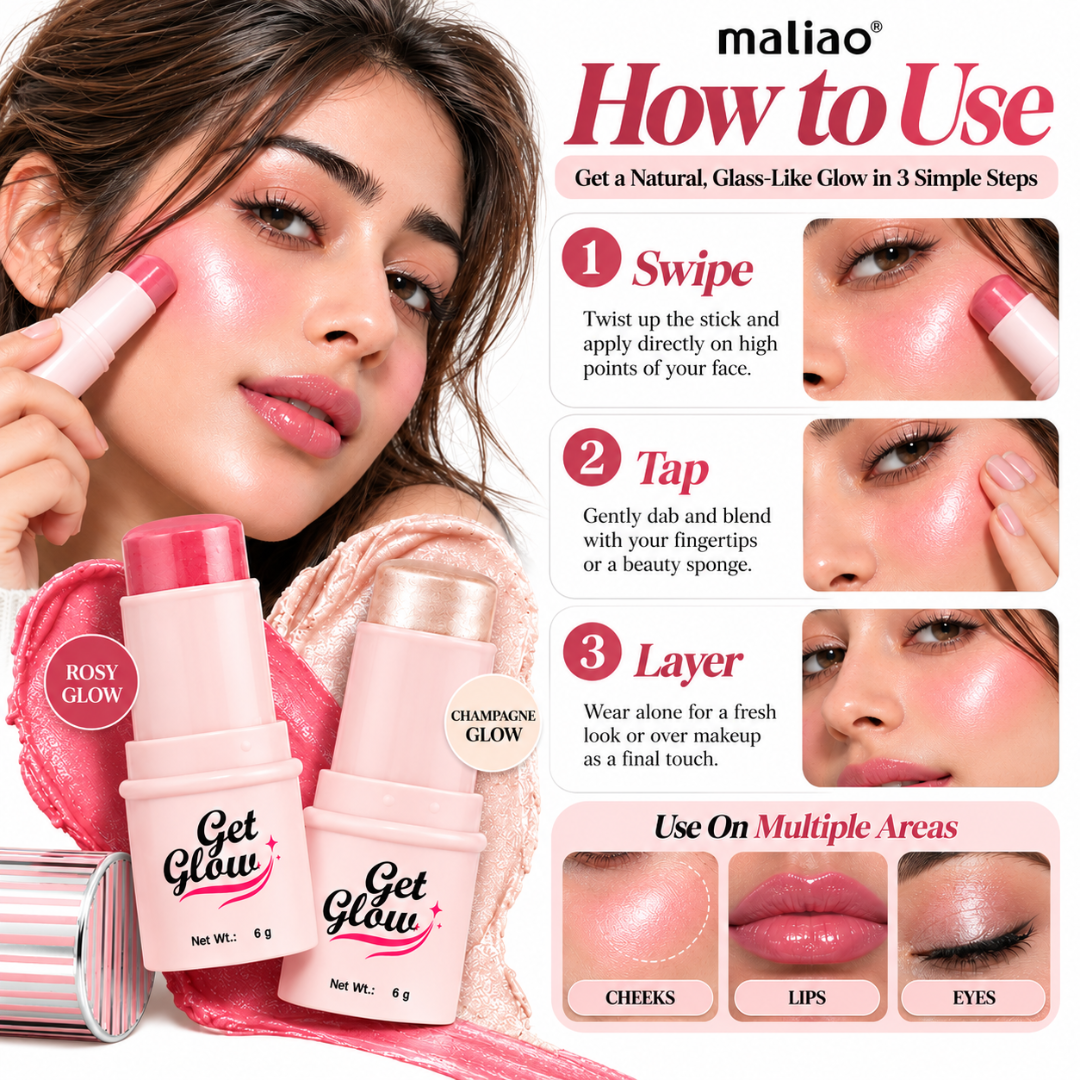 Maliao 2-in-1 Blush + Highlighter Stick – Instant Glass Skin Glow, Hydrating Multi-Use Formula for Cheeks, Lips & Eyes, Non-Sticky Radiance