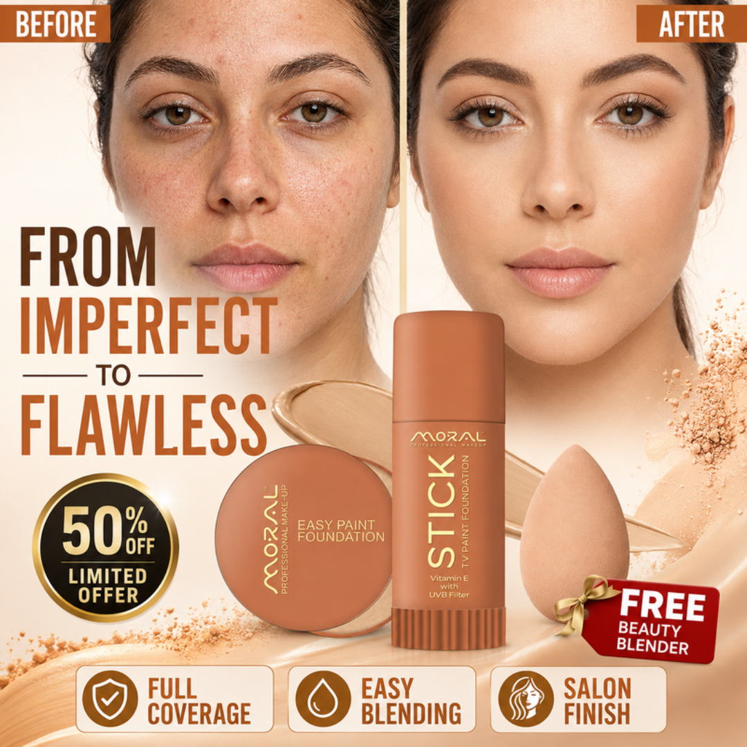 Moral Professional Makeup Complete Foundation Bundle – Easy Paint Foundation + TV Paint Stick + FREE Beauty Blender – Full Coverage, Smooth Finish & Long Wear
