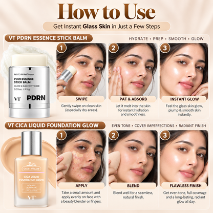 VT Glass Skin Glow Duo – PDRN Balm Stick & Cica Foundation + FREE Beauty Blender – Flawless Radiant Coverage
