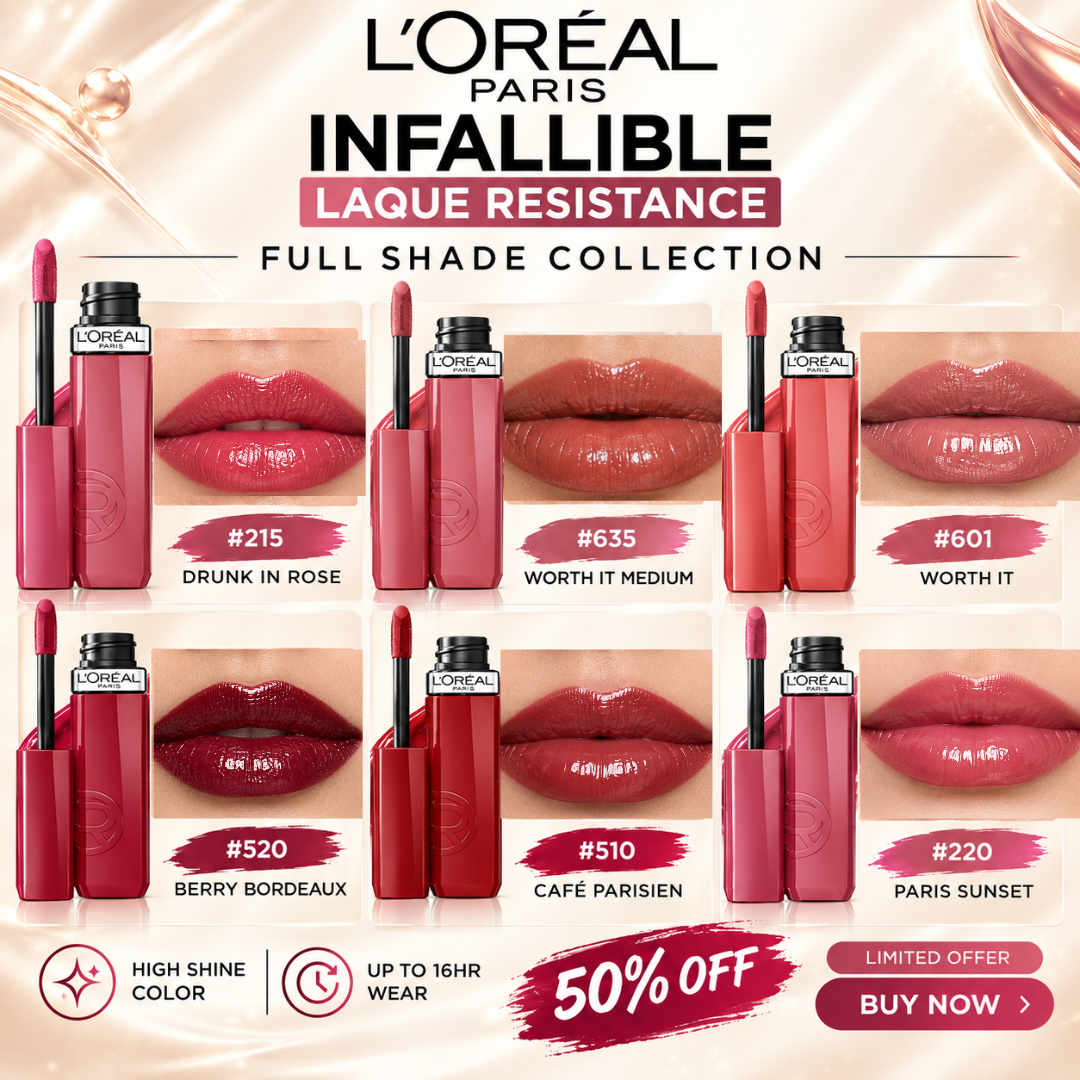 L'Oréal Paris Infallible Laque Resistance Lip Sets – Up to 16HR Wear & High Shine Color – Long Lasting Glossy Finish