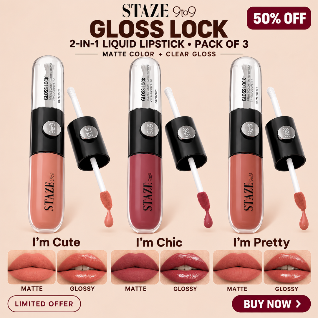 STAZE 9to9 Gloss Lock 2-in-1 Liquid Lipstick – Matte Color & Clear Gloss Duo – Long-Lasting & Transfer-Proof