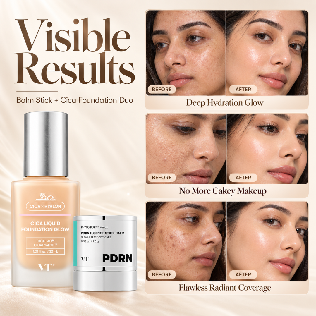 VT Glass Skin Glow Duo – PDRN Balm Stick & Cica Foundation + FREE Beauty Blender – Flawless Radiant Coverage
