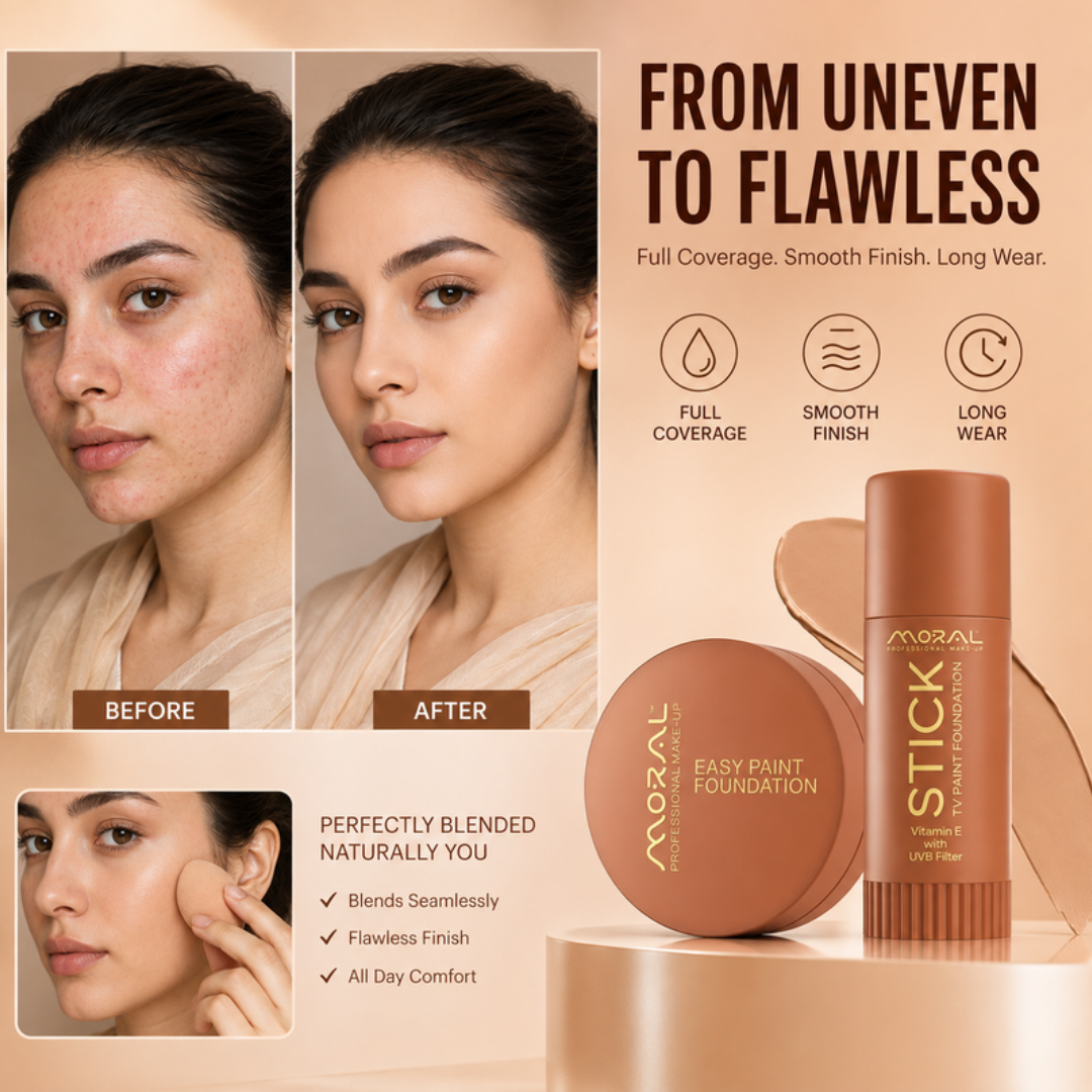 Moral Professional Makeup Complete Foundation Bundle – Easy Paint Foundation + TV Paint Stick + FREE Beauty Blender – Full Coverage, Smooth Finish & Long Wear