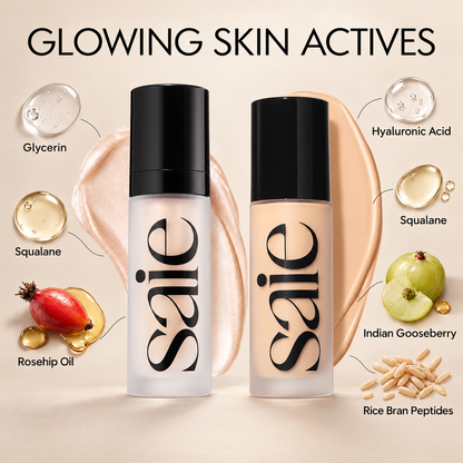 Saie Glow Duo: Skin Tint + Glowy Super Gel – Buy 1 Get 1 FREE + FREE Beauty Blender – Dewy Hydrating Luminous Base Set