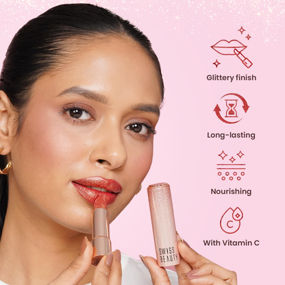 Swiss Beauty Glitter Lipstick Pack of 3 | Nourishing Vitamin C Formula, Long-Lasting Shimmer & Glittery Finish