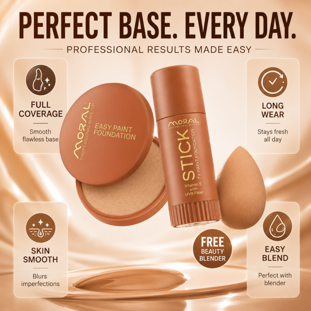 Moral Professional Makeup Complete Foundation Bundle – Easy Paint Foundation + TV Paint Stick + FREE Beauty Blender – Full Coverage, Smooth Finish & Long Wear