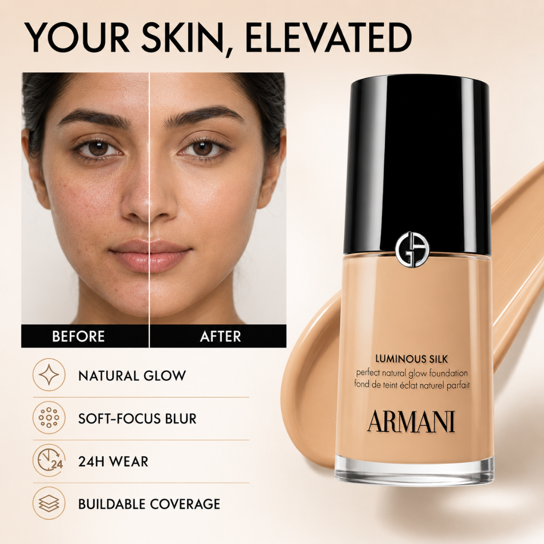 Armani Luminous Silk Perfect Natural Glow Foundation  – Natural Glow, 24H Wear – Soft-Focus Blur, Buildable Coverage