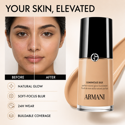 Armani Luminous Silk Perfect Natural Glow Foundation  – Natural Glow, 24H Wear – Soft-Focus Blur, Buildable Coverage