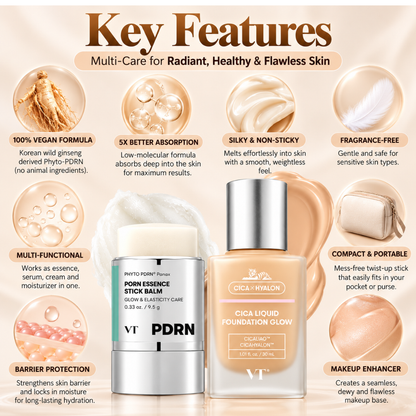 VT Glass Skin Glow Duo – PDRN Balm Stick & Cica Foundation + FREE Beauty Blender – Flawless Radiant Coverage