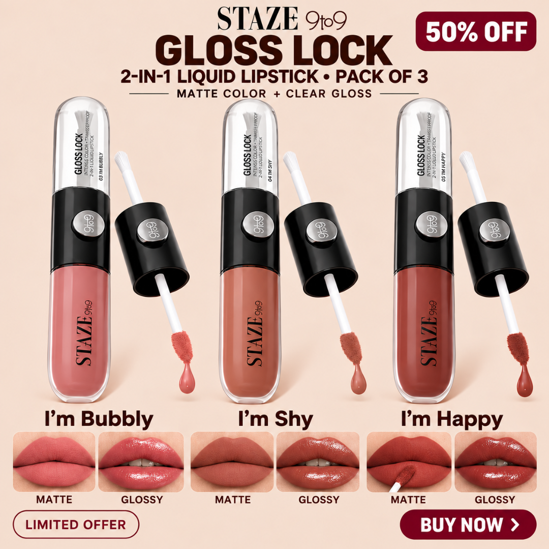 STAZE 9to9 Gloss Lock 2-in-1 Liquid Lipstick – Matte Color & Clear Gloss Duo – Long-Lasting & Transfer-Proof