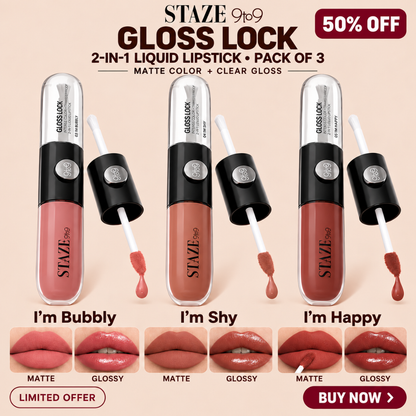 STAZE 9to9 Gloss Lock 2-in-1 Liquid Lipstick – Matte Color & Clear Gloss Duo – Long-Lasting & Transfer-Proof