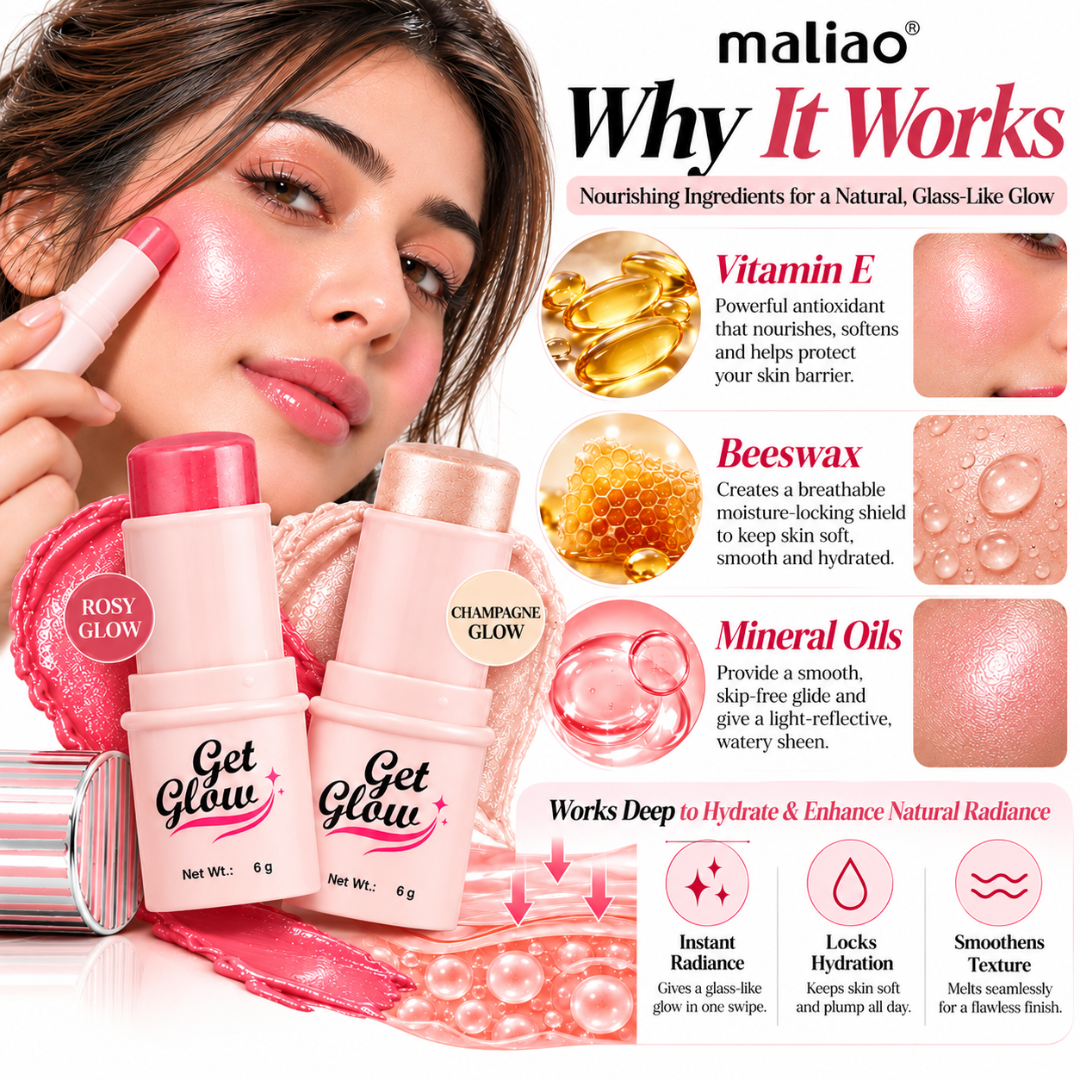 Maliao 2-in-1 Blush + Highlighter Stick – Instant Glass Skin Glow, Hydrating Multi-Use Formula for Cheeks, Lips & Eyes, Non-Sticky Radiance
