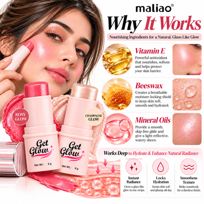 Maliao 2-in-1 Blush + Highlighter Stick – Instant Glass Skin Glow, Hydrating Multi-Use Formula for Cheeks, Lips & Eyes, Non-Sticky Radiance