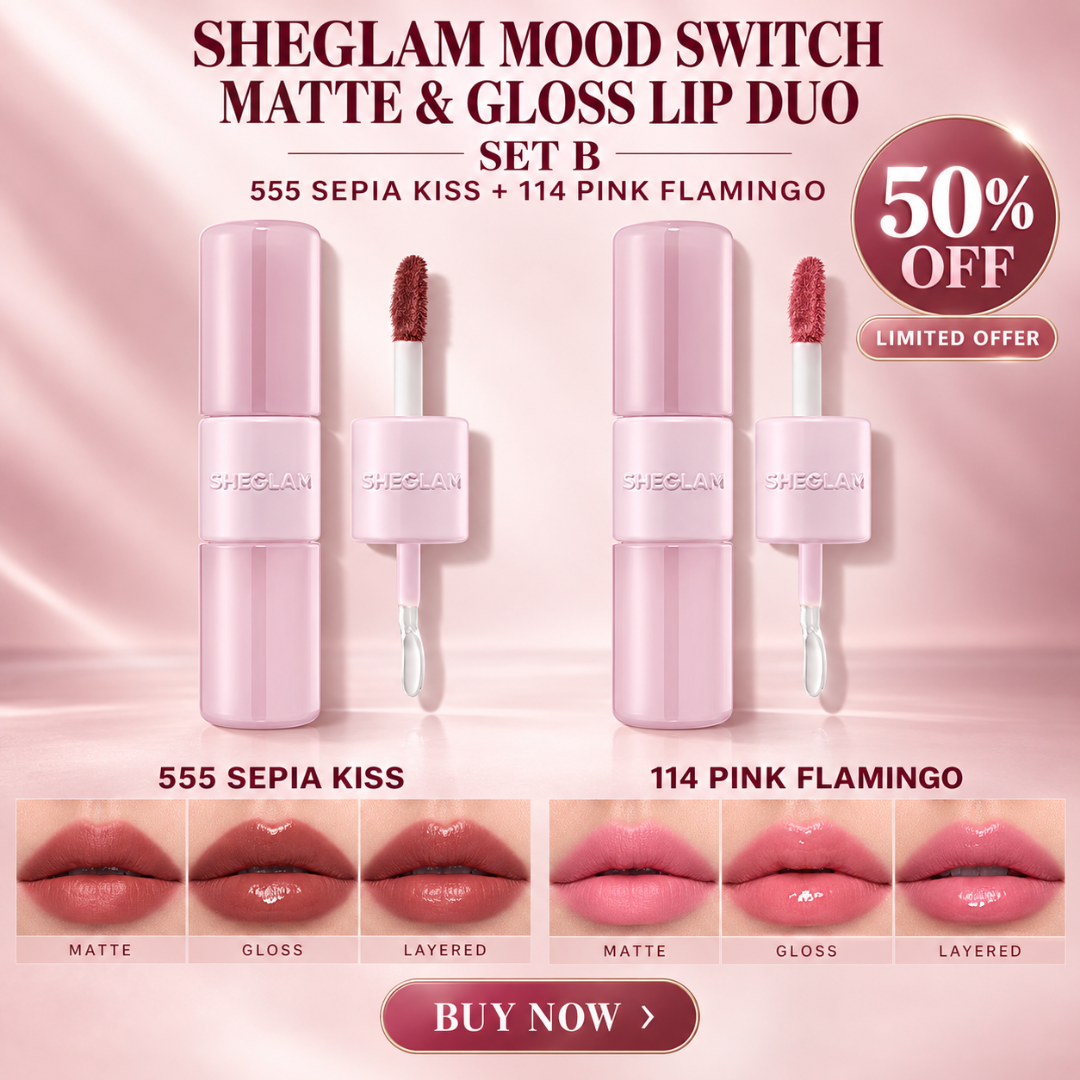 SHEGLAM Mood Switch Matte & Gloss Lip Duo – 3 Ways to Wear – Velvet Matte & Glass Glow Finish – 2-in-1 Customizable Lip Sets