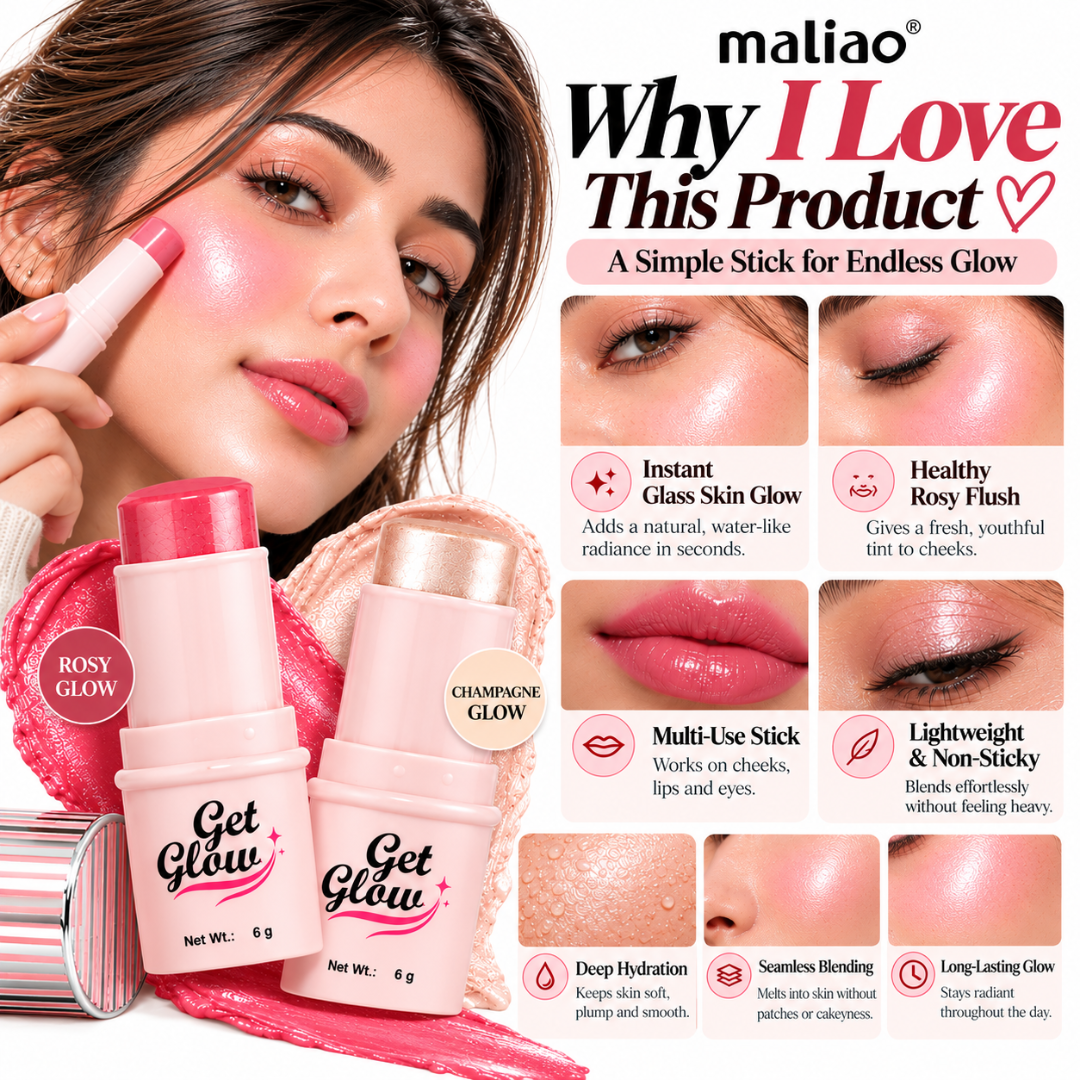 Maliao 2-in-1 Blush + Highlighter Stick – Instant Glass Skin Glow, Hydrating Multi-Use Formula for Cheeks, Lips & Eyes, Non-Sticky Radiance