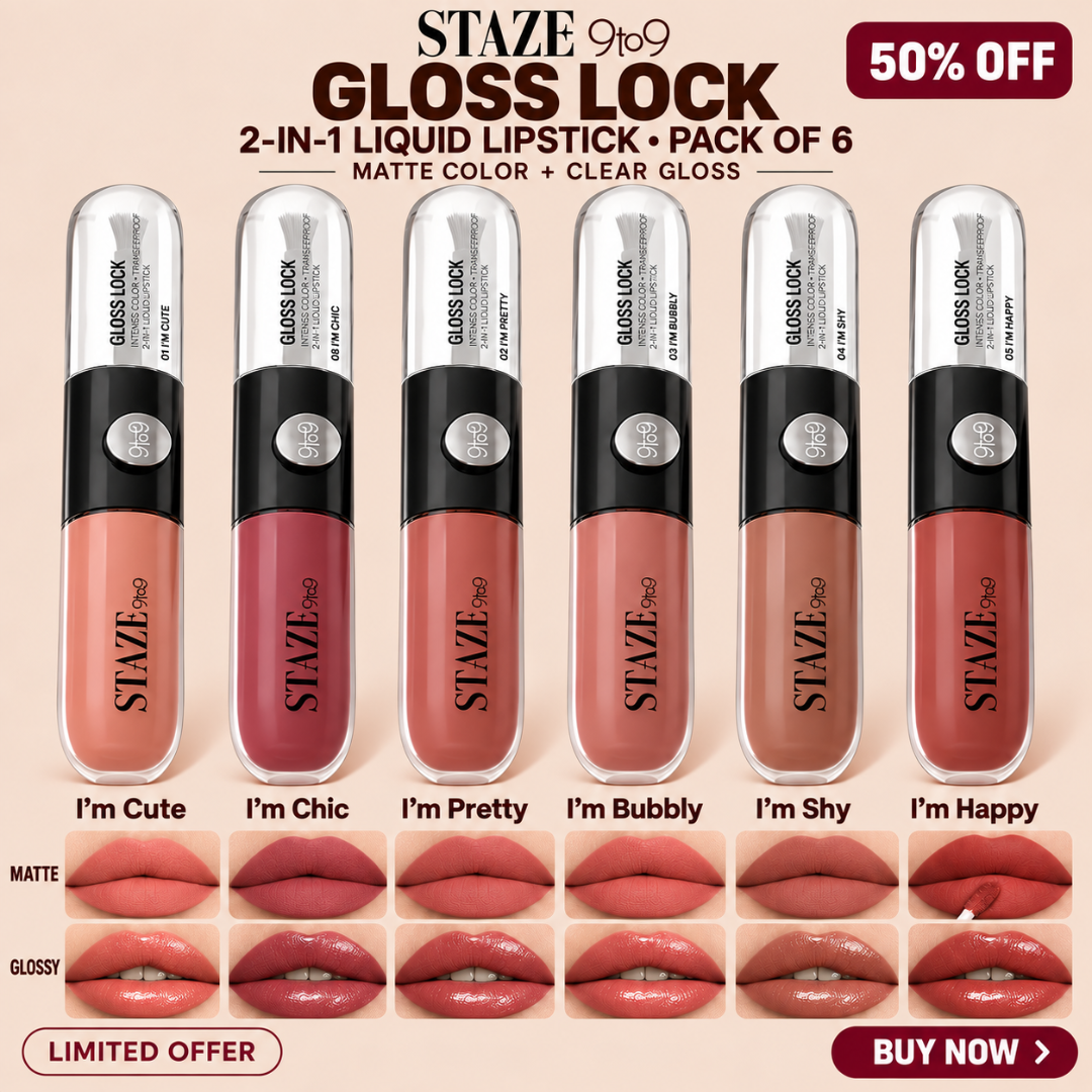 STAZE 9to9 Gloss Lock 2-in-1 Liquid Lipstick – Matte Color & Clear Gloss Duo – Long-Lasting & Transfer-Proof