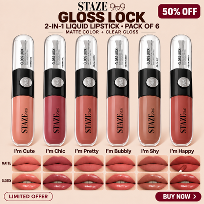 STAZE 9to9 Gloss Lock 2-in-1 Liquid Lipstick – Matte Color & Clear Gloss Duo – Long-Lasting & Transfer-Proof