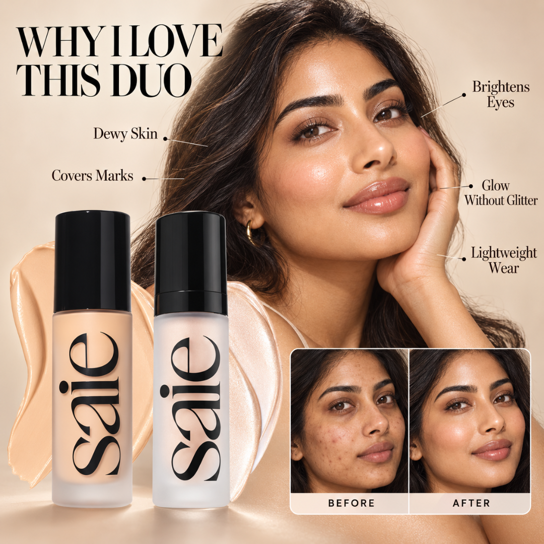 Saie Glow Duo: Skin Tint + Glowy Super Gel – Buy 1 Get 1 FREE + FREE Beauty Blender – Dewy Hydrating Luminous Base Set