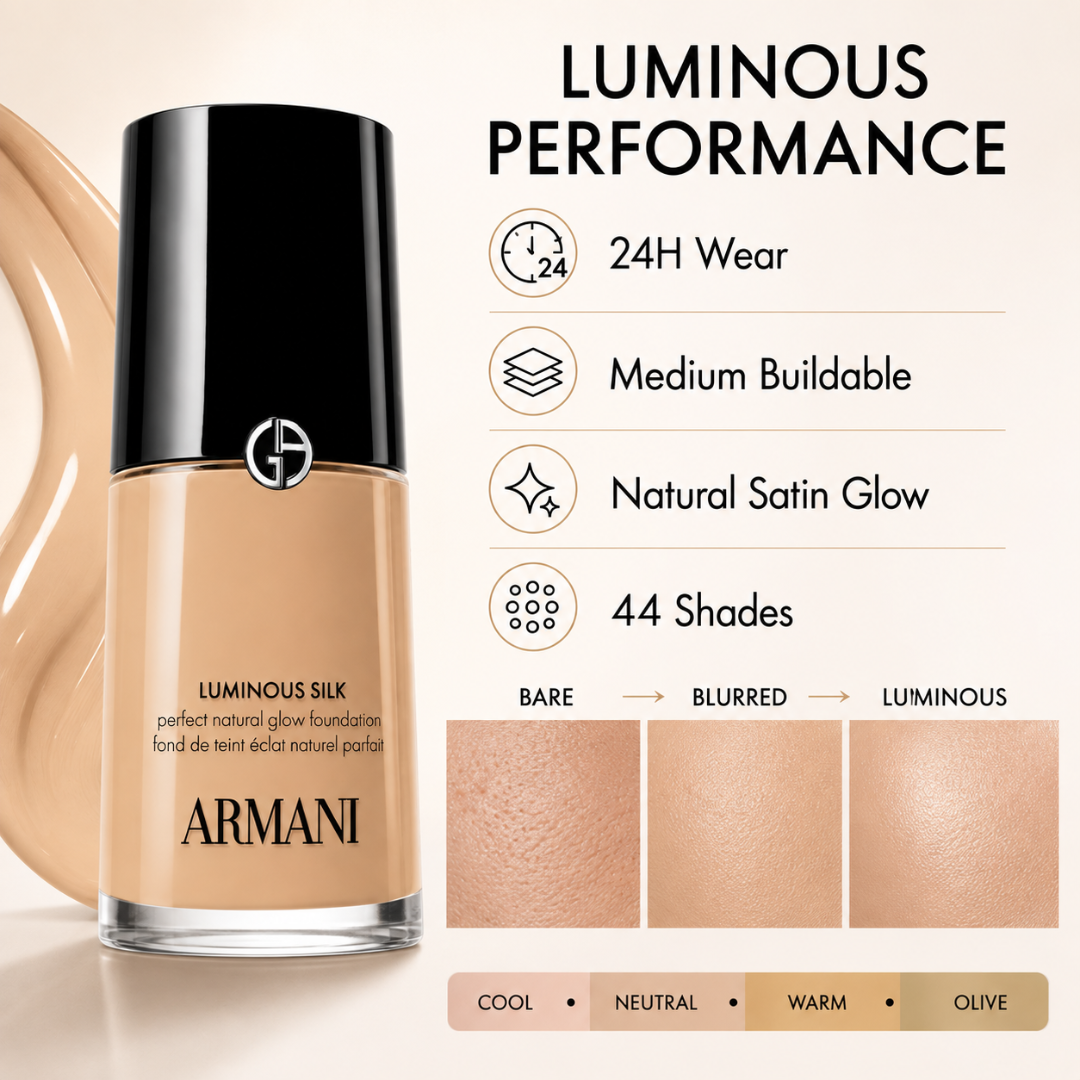 Armani Luminous Silk Perfect Natural Glow Foundation  – Natural Glow, 24H Wear – Soft-Focus Blur, Buildable Coverage