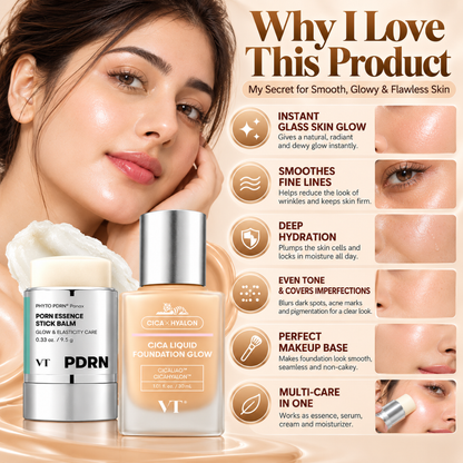 VT Glass Skin Glow Duo – PDRN Balm Stick & Cica Foundation + FREE Beauty Blender – Flawless Radiant Coverage