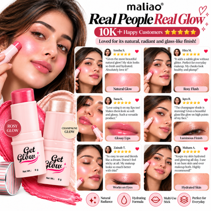 Maliao 2-in-1 Blush + Highlighter Stick – Instant Glass Skin Glow, Hydrating Multi-Use Formula for Cheeks, Lips & Eyes, Non-Sticky Radiance