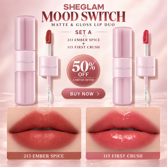 SHEGLAM Mood Switch Matte & Gloss Lip Duo – 3 Ways to Wear – Velvet Matte & Glass Glow Finish – 2-in-1 Customizable Lip Sets