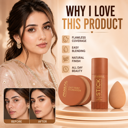 Moral Professional Makeup Complete Foundation Bundle – Easy Paint Foundation + TV Paint Stick + FREE Beauty Blender – Full Coverage, Smooth Finish & Long Wear