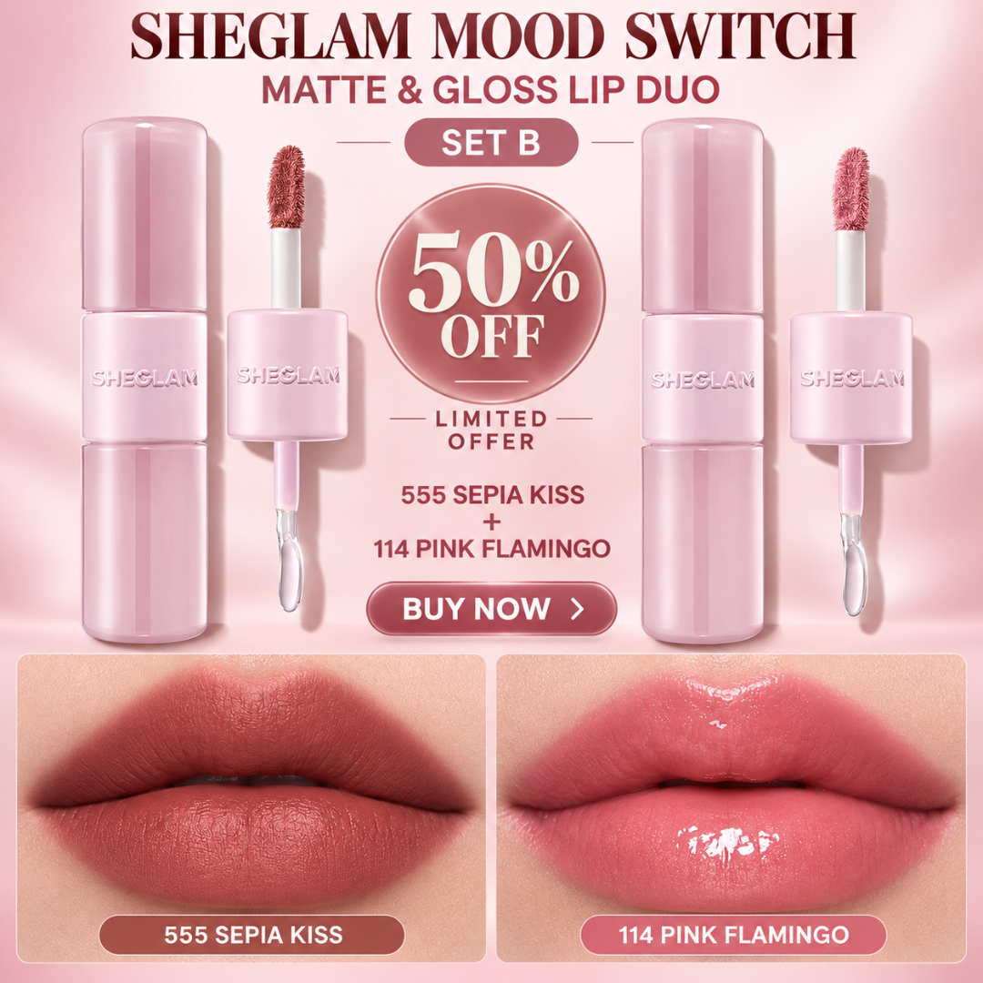 SHEGLAM Mood Switch Matte & Gloss Lip Duo – 3 Ways to Wear – Velvet Matte & Glass Glow Finish – 2-in-1 Customizable Lip Sets
