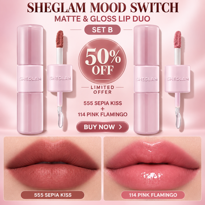 SHEGLAM Mood Switch Matte & Gloss Lip Duo – 3 Ways to Wear – Velvet Matte & Glass Glow Finish – 2-in-1 Customizable Lip Sets