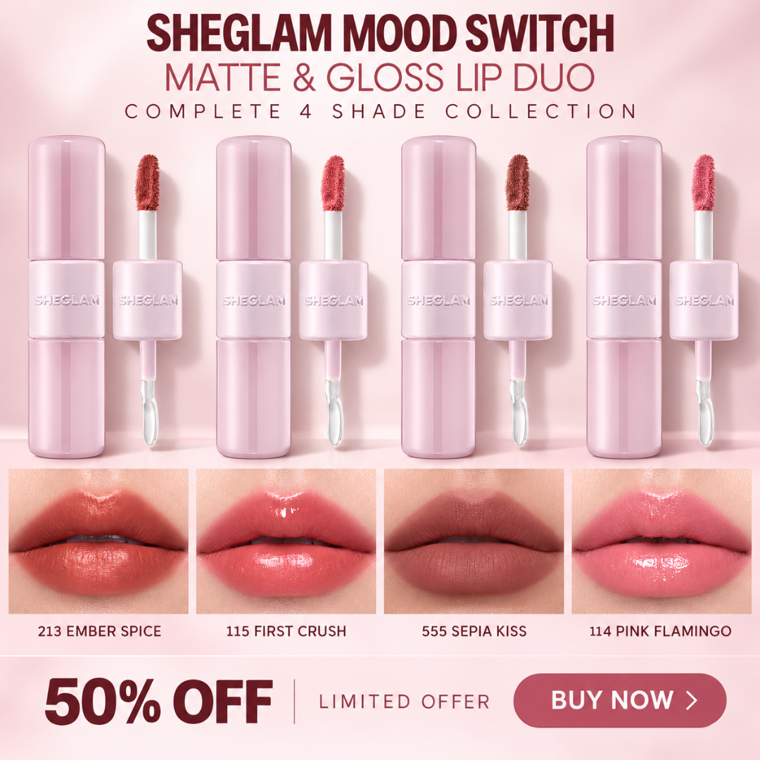 SHEGLAM Mood Switch Matte & Gloss Lip Duo – 3 Ways to Wear – Velvet Matte & Glass Glow Finish – 2-in-1 Customizable Lip Sets