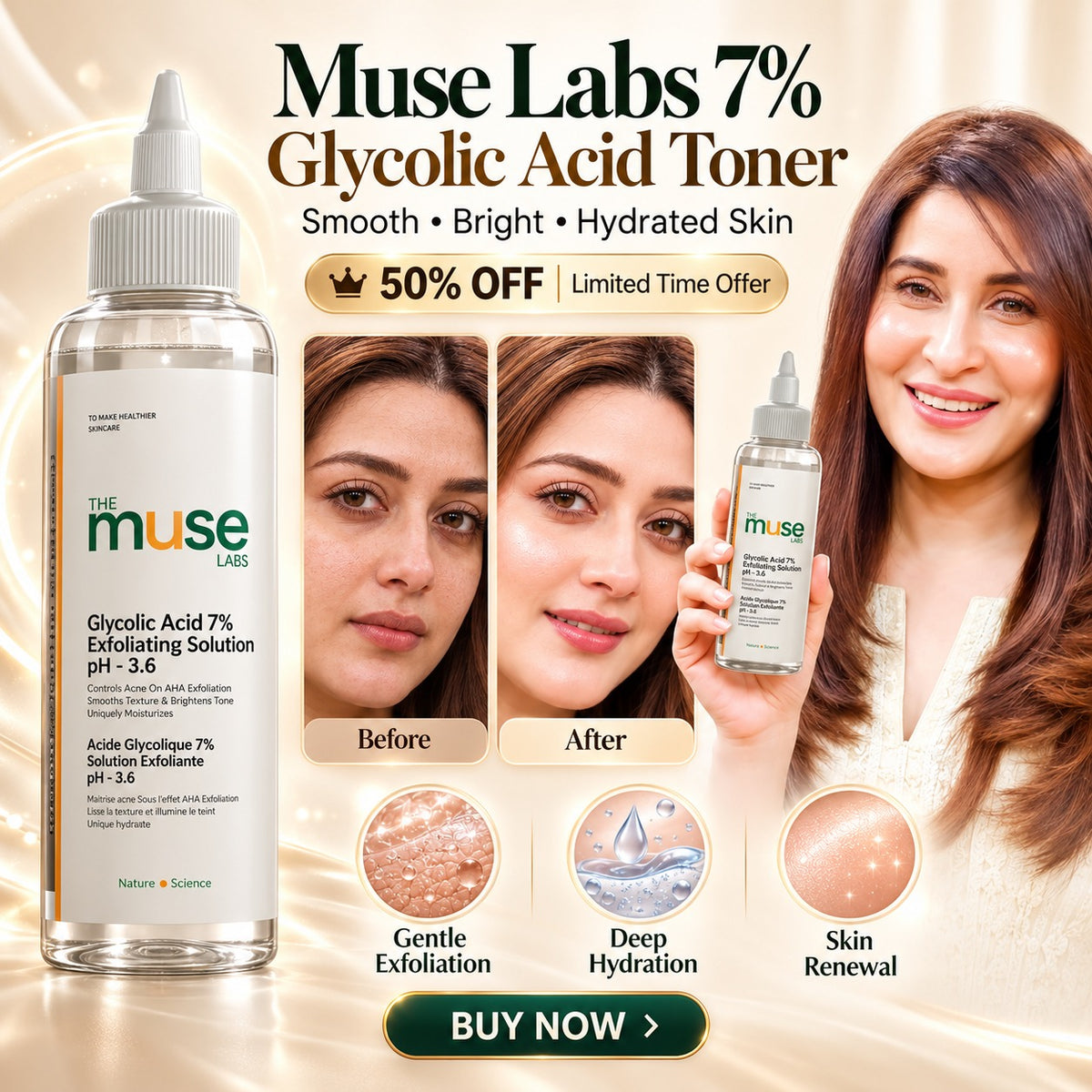 Muse Labs 7% Glycolic Acid Toner | Exfoliating Solution with 5D Hyaluronic Acid & Peptides | Smooth, Bright & Hydrated Skin